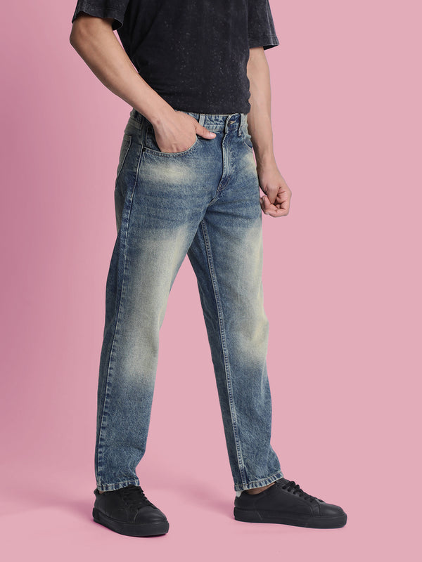 Men Blue Light-Fade Tinted Denim Jeans
