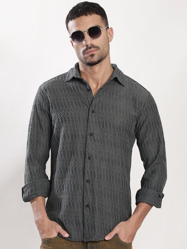 Men Grey Spread Collar Knitted Shirt