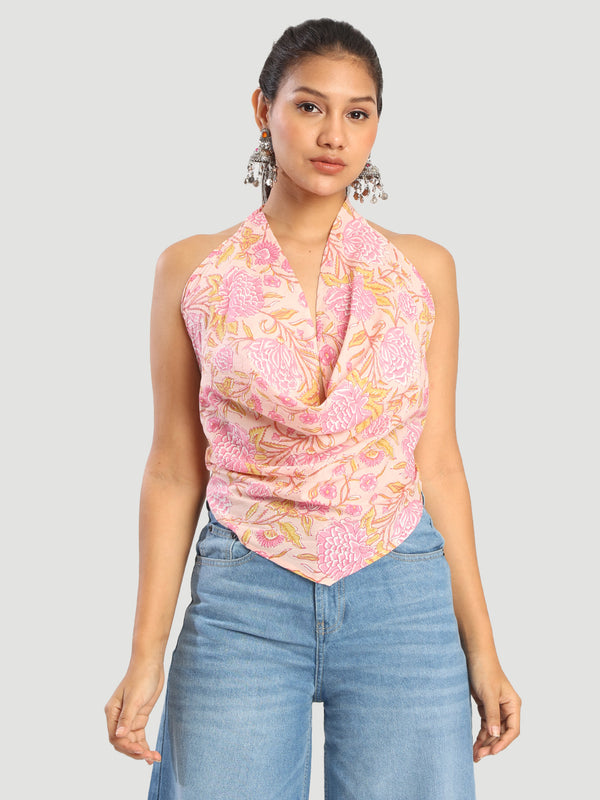Women off white floral printed Back and Neck Tie Up Top