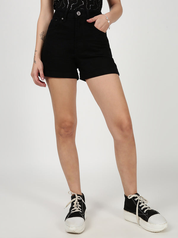Women Black Regular Fit Denim Shorts