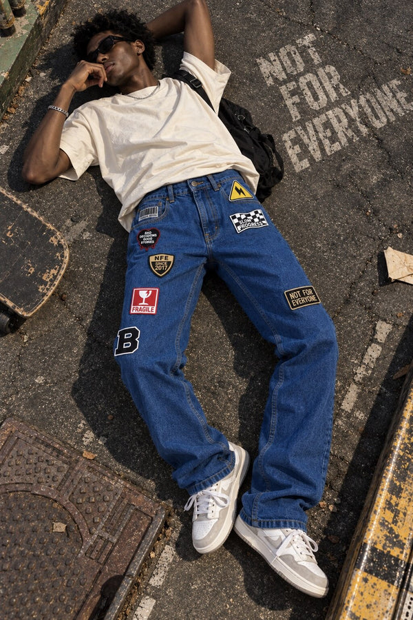 Men Blue Relaxed Fit Badge Jeans