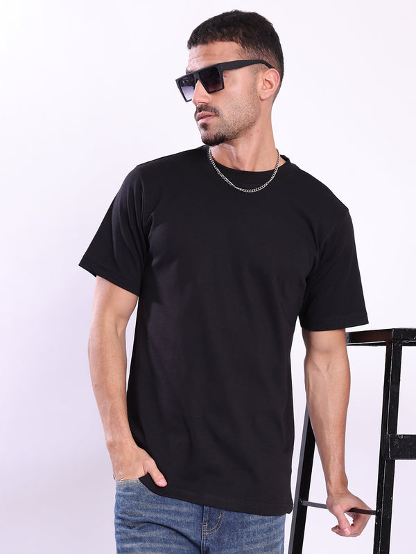 Men  Black Solid Cotton T Shirt