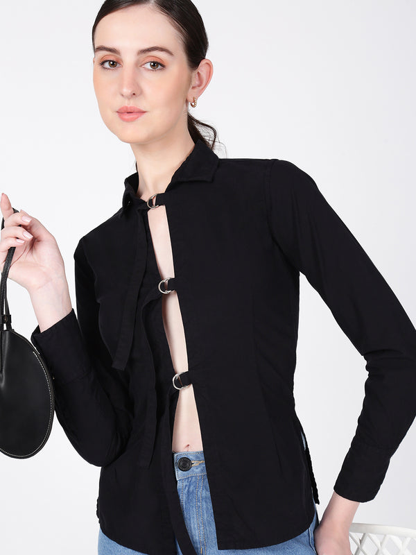Women Black Front Tie up Deatil Full Sleeve Shirt