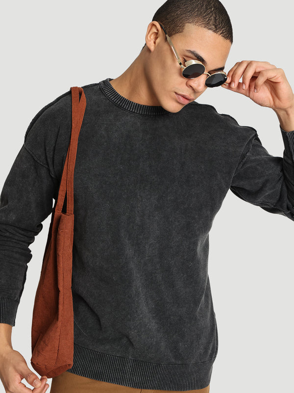 Men Washed look reversible drop shoulder black sweater
