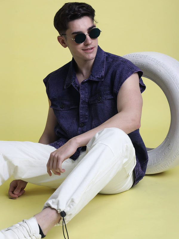 Men Sleeveless Blue Denim Jacket