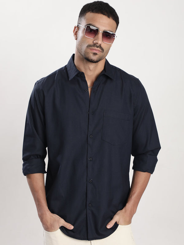 Men Navy Blue Solid Single Pocket Shirt