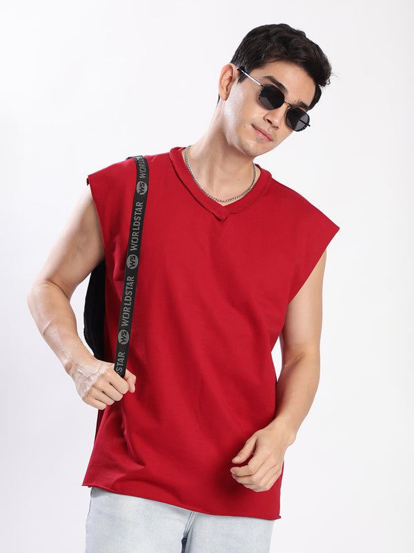 Men Burgundy Sleeveless Oversize Tee