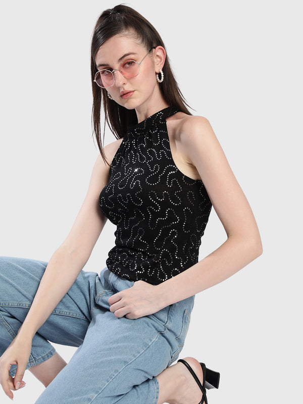 Women Black Sequined Halter-Neck Top