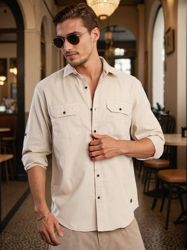 Men Beige Double Pocket Shirt