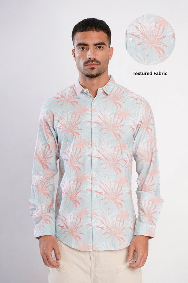 Men Aqua and Peache Tropical Print Slub Texture Shirt
