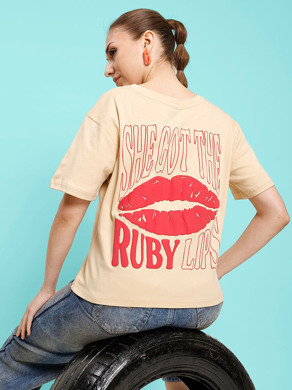 Women Beige Graphic Crop Boxy T shirt