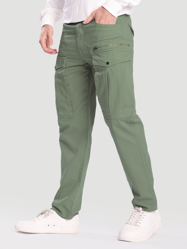 Men Light Green Cargo Trousers with Zip Detail
