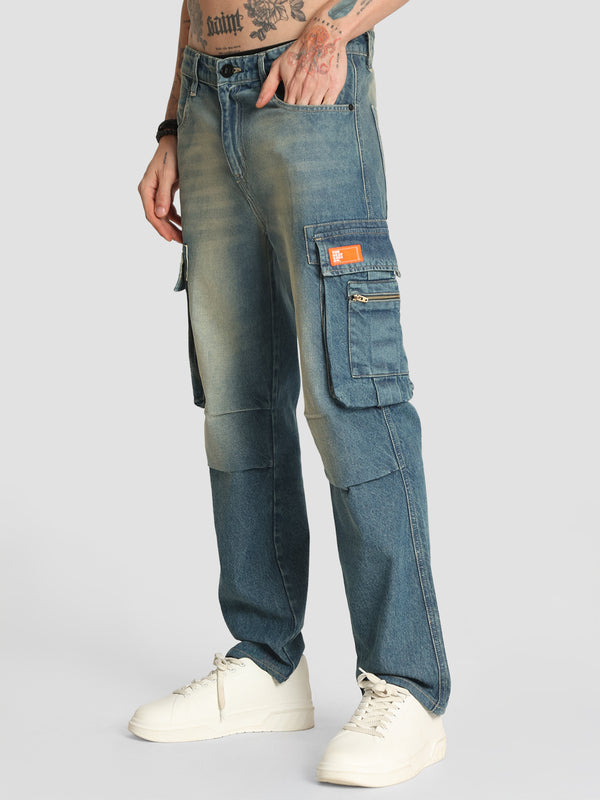 Men Mid-Rise 8 Cargo Pocket Relaxed Fit Denim Jeans