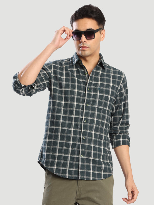 Mens Green Checked Brand embroidery Regular fit Casual Shirt