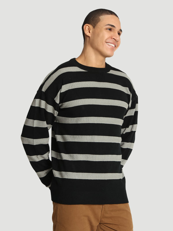 Men Black grey stripedand Structured sweater