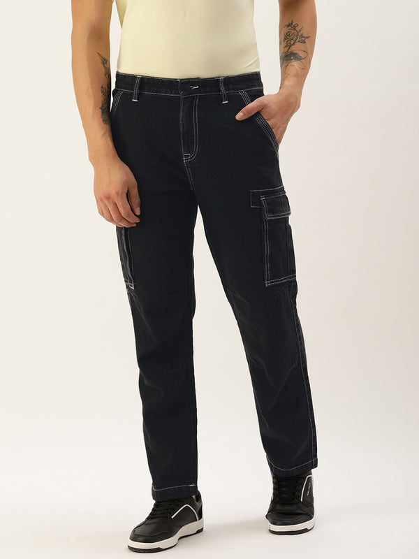 Men Black Relaxed Denim Cargo Jeans