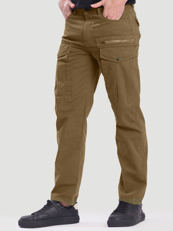 Men Brown Cargo Trousers with Zip Detail
