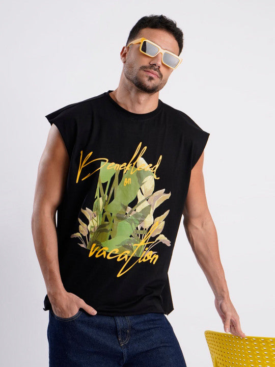 Men Black Sleeveless Graphic Oversized T Shirt