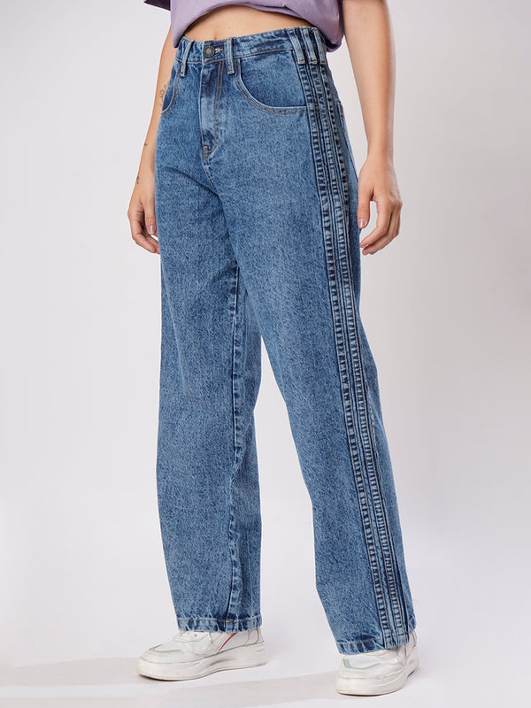 Women Blue Washed Relax Fit Jeans with Side-seam Detailing