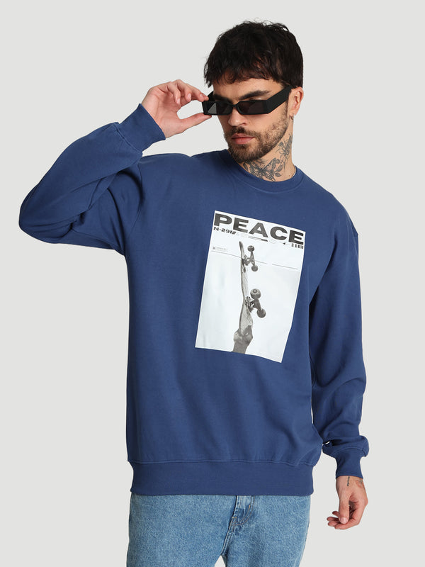 Men Crew Neck Drop Shoulder Graphic printed Navy Sweatshirt