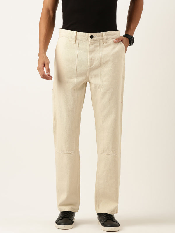 Men Beige Solid Relaxed Fit Denim Jeans