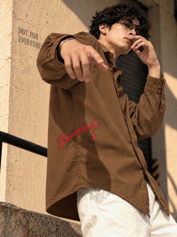 Men Coffee Liquer Oversized Embroidered Shirt