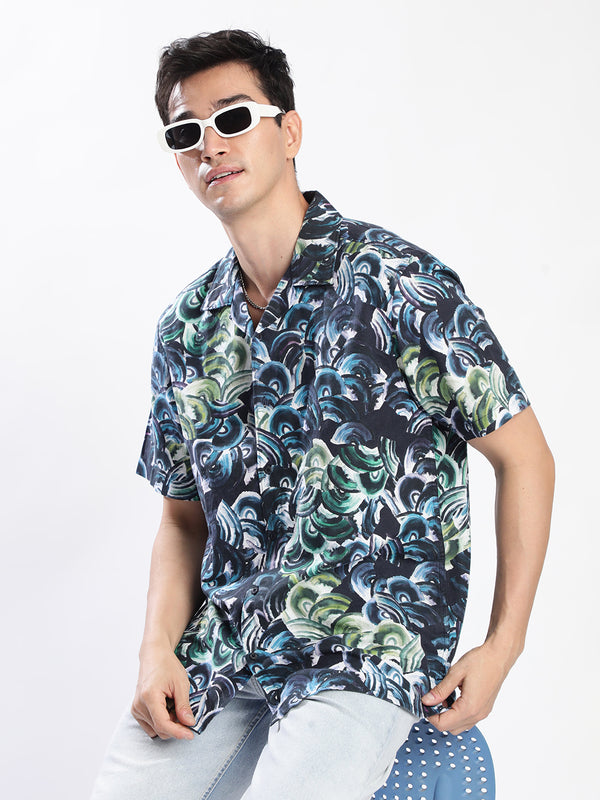 Mens Blue Resort Collar Abstract Print Shirt