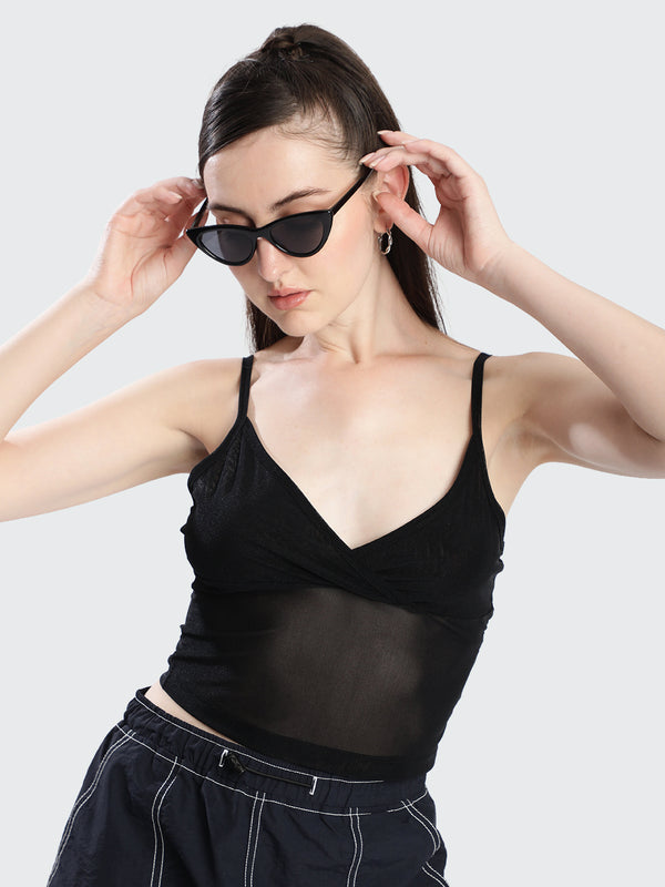Women Sheer Black Overlap Neck Crop Top