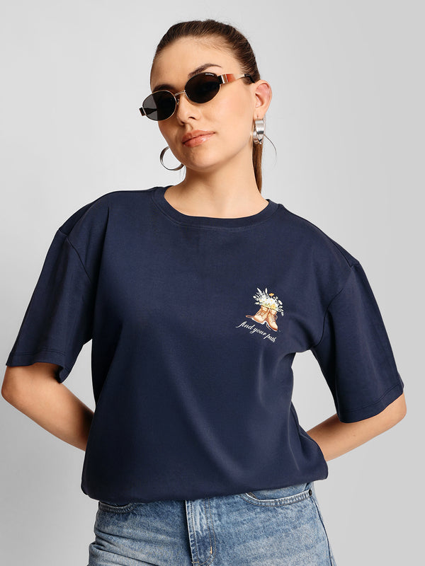 Women Blue Oversize Floral Graphic Printed T-Shirt