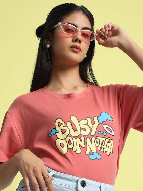 Women Typography Printed Drop-Shoulder Sleeves Pure Cotton Oversized T-shirt