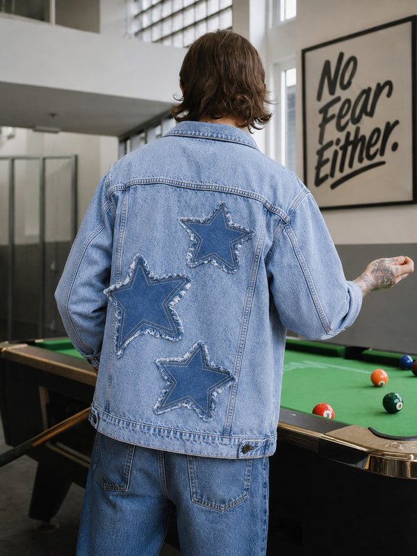 Unisex Mood Switch Relaxed Denim Jacket with Swappable Applique Patch