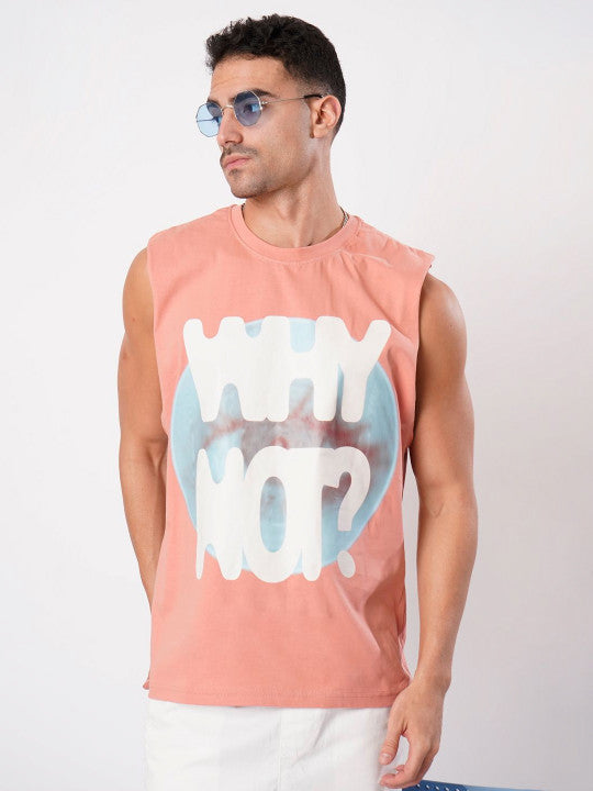 Men Peach Sleeveless Graphic Print T Shirt