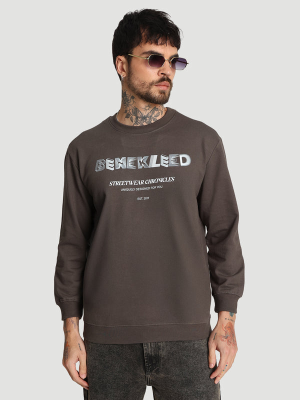 Men Crew Neck Drop Shoulder Graphic printed Brown Sweatshirt