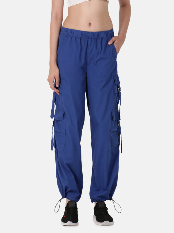 Women Royal Blue High-Rise Overdyed Parachute Fit Cargo Trousers