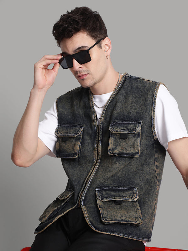 Men Utlity Pocket Blue Tinted Sustainable Denim Jacket