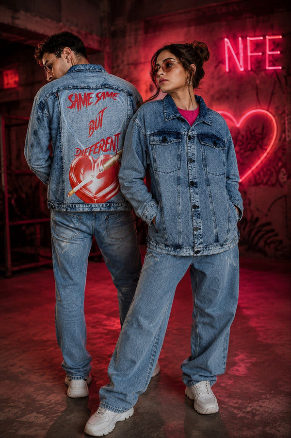 Unisex Mood Switch Oversized Denim Jacket with Swappable Graphic Patch