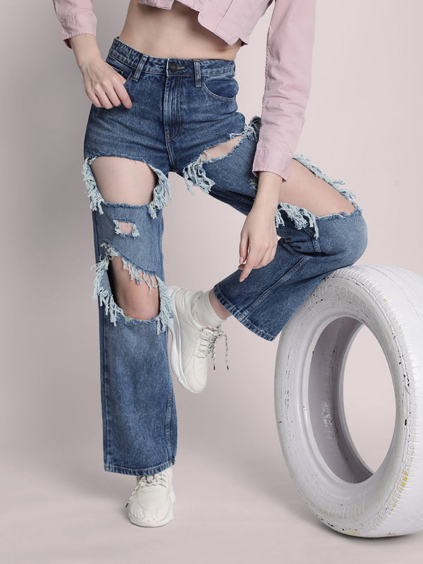 Women Heavily Distressed Torn Straight Fit Jeans