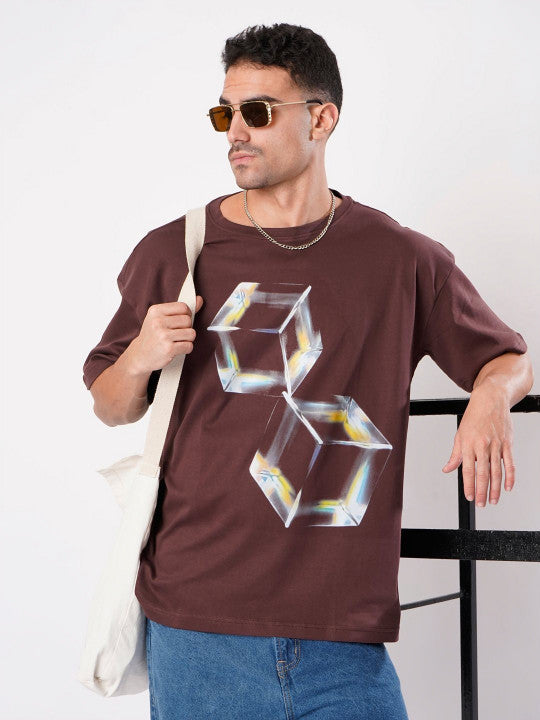 Men Brown Graphic Print Oversize Shirt