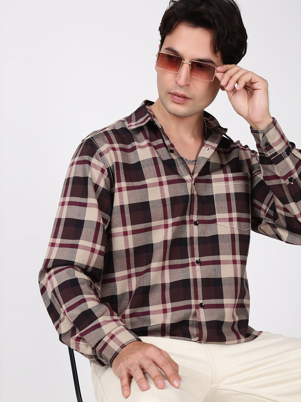 Men Beige and Maroon Checked Single Pocket Shirt