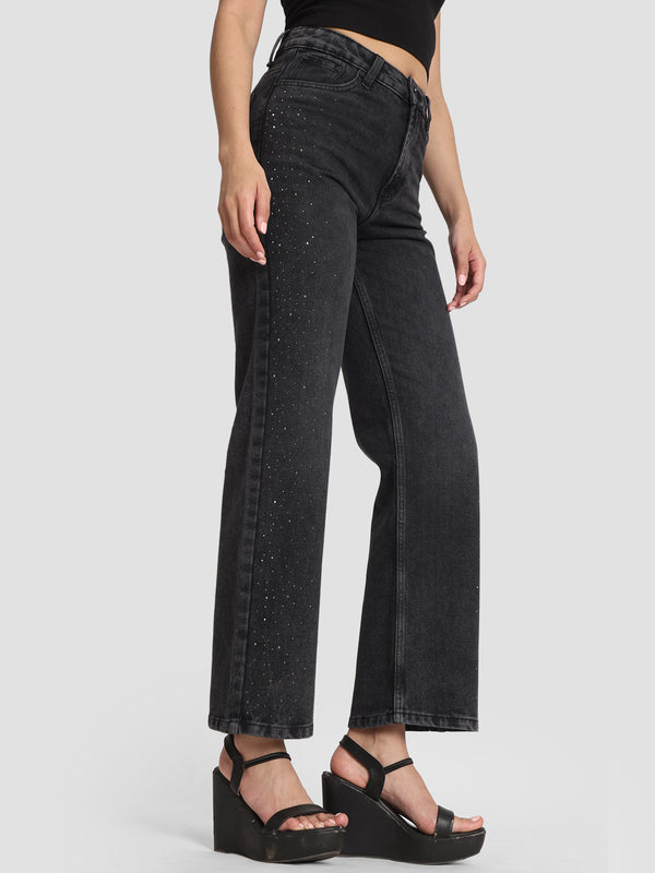Women Straight Fit Mid-Rise Light Fade Embellished Stud Jeans