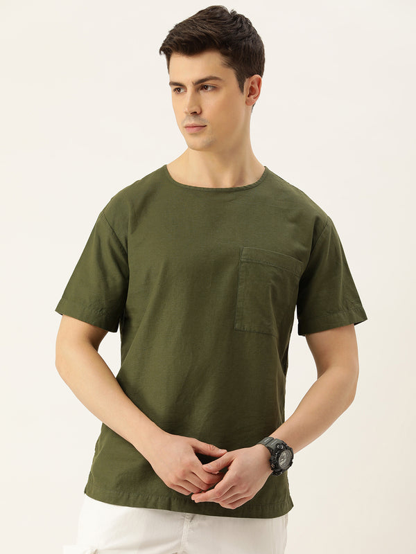 Round Neck Dyed Cotton Linen Woven Casual T-Shirt