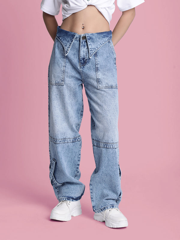 Women Blue Baggy Fit Stylized Waistband Denim Jeans