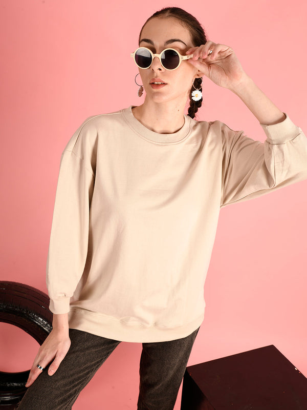 Women Beige Oversized Solid Sweatshirt