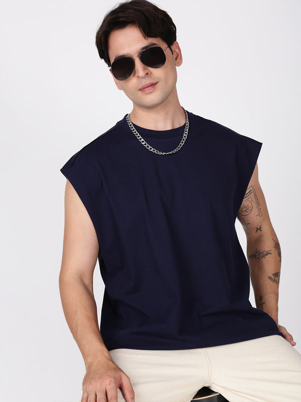 Men Navy Solid Sleeveless Oversized Tshirt