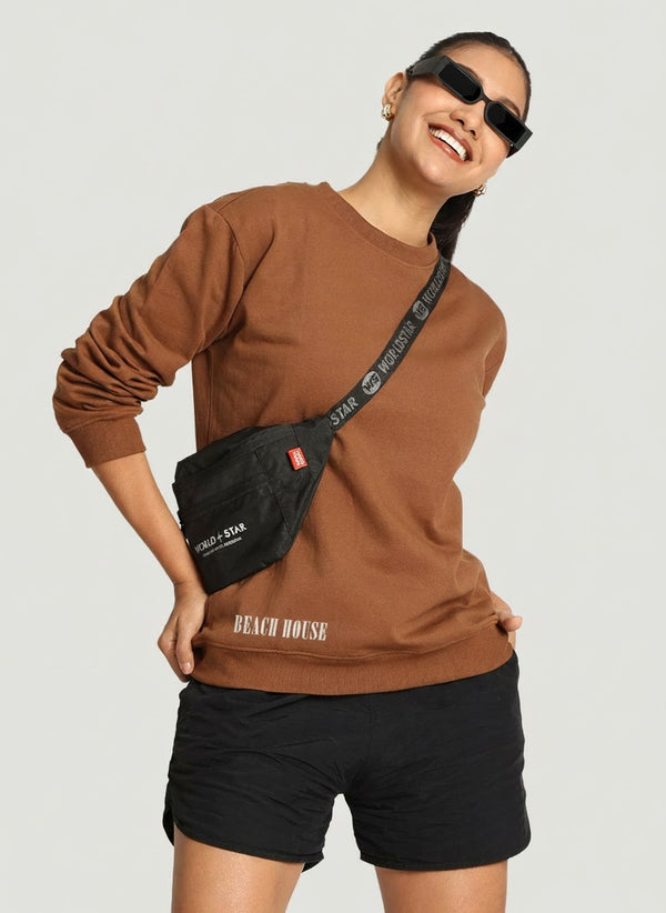 Women Relax Fit Brown Graphic Printed Pullover Sweatshirt