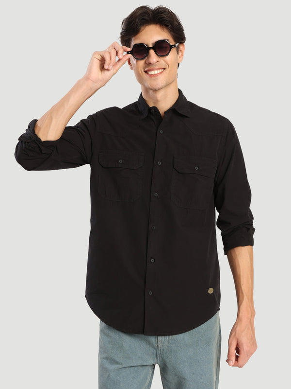 Men black relax Fit Double Pocket Cotton Full sleeve shirt