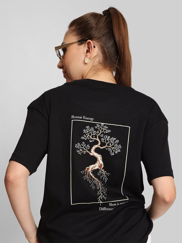 Women Brown Oversize Floral Graphic Printed T-Shirt