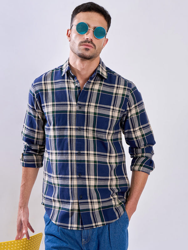 Men Blue and Beige Checked SIngle Pocket Shirt