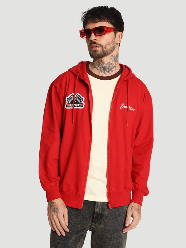 Men Relaxed front zipper Graphic print red hoodie
