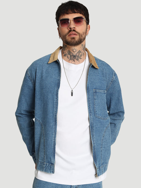 Men Relax fit Blue Cotton Denim jacket with front zipper